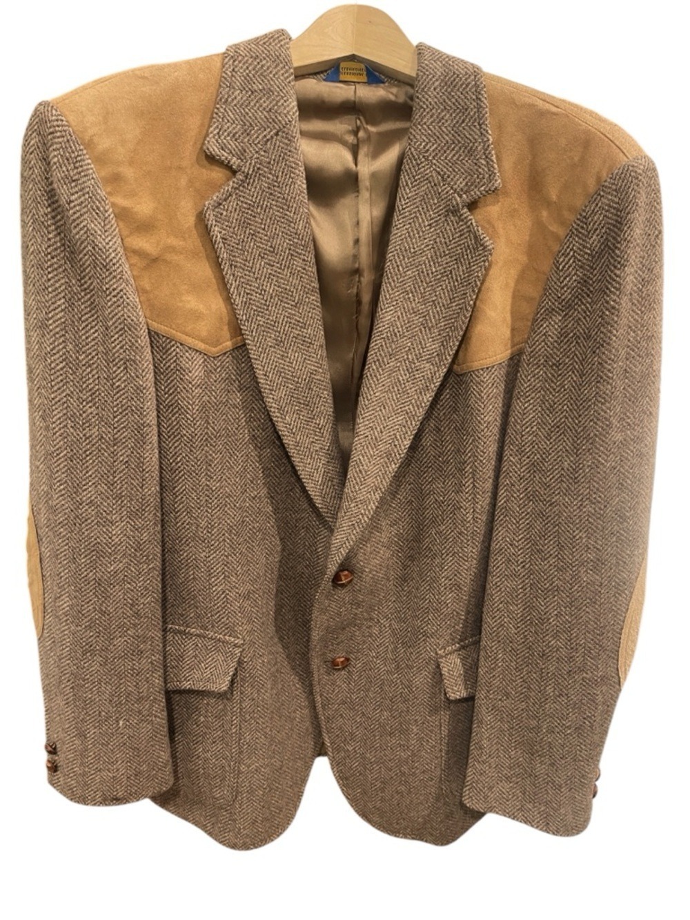 Pendleton Western Wear Brown Herringbone Virgin Wool Blazer Suede Accents SZ 44